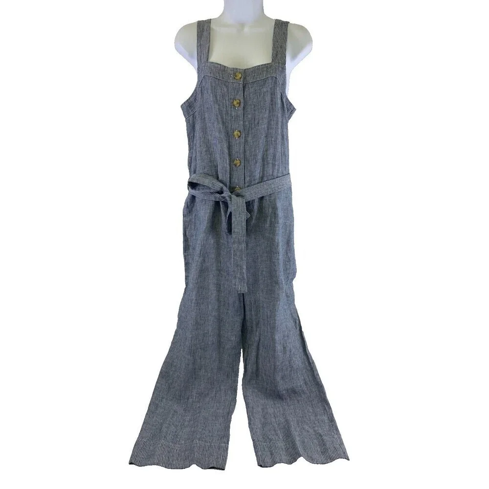 Everlane Linen Picnic Jumpsuit Blue Pinstriped Button Belted Adjustable Womens 6